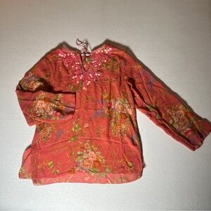 CAbi 100% Silk Large Sheer Pink Floral Long Sleeve Embroidered Rose Fairy Blouse